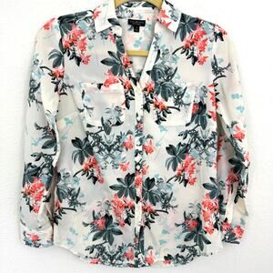 Talbots Women's Nantucket Size P Tropical Floral Button Front Blouse Coral